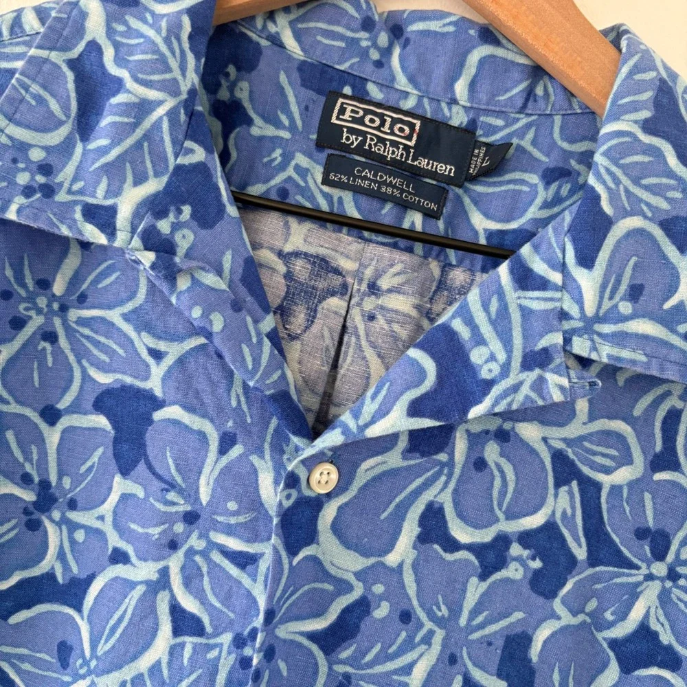 Polo Ralph Lauren Caldwell Shirt Men L Blue Floral Linen Camp Hawaii Aloha Prep